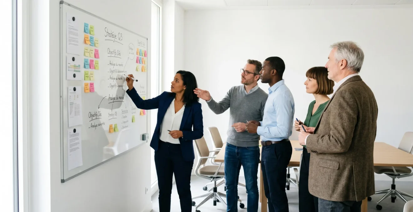 Équipe de professionnels collaborant debout autour d'un grand tableau magnétique blanc couvert de notes colorées et schémas dans une salle de réunion moderne éclairée par lumière naturelle