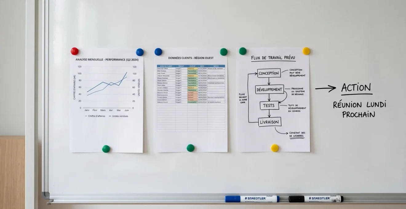 Gros plan sur surface blanche émaillée d'un tableau magnétique professionnel avec documents A4 fixés par aimants colorés et marqueurs effaçables sur le rail inférieur