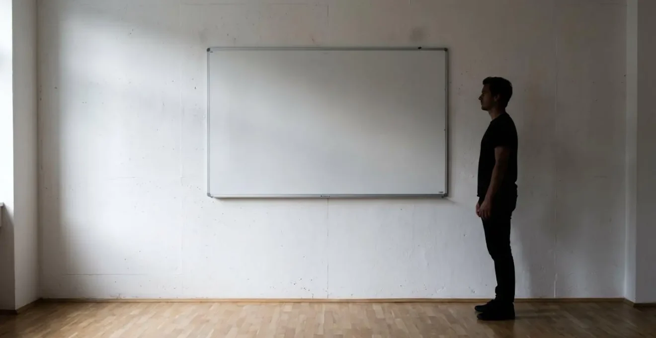 Vue latérale d'un grand tableau magnétique blanc installé à hauteur ergonomique sur mur de salle de réunion avec silhouette humaine en référence d'échelle montrant l'accessibilité
